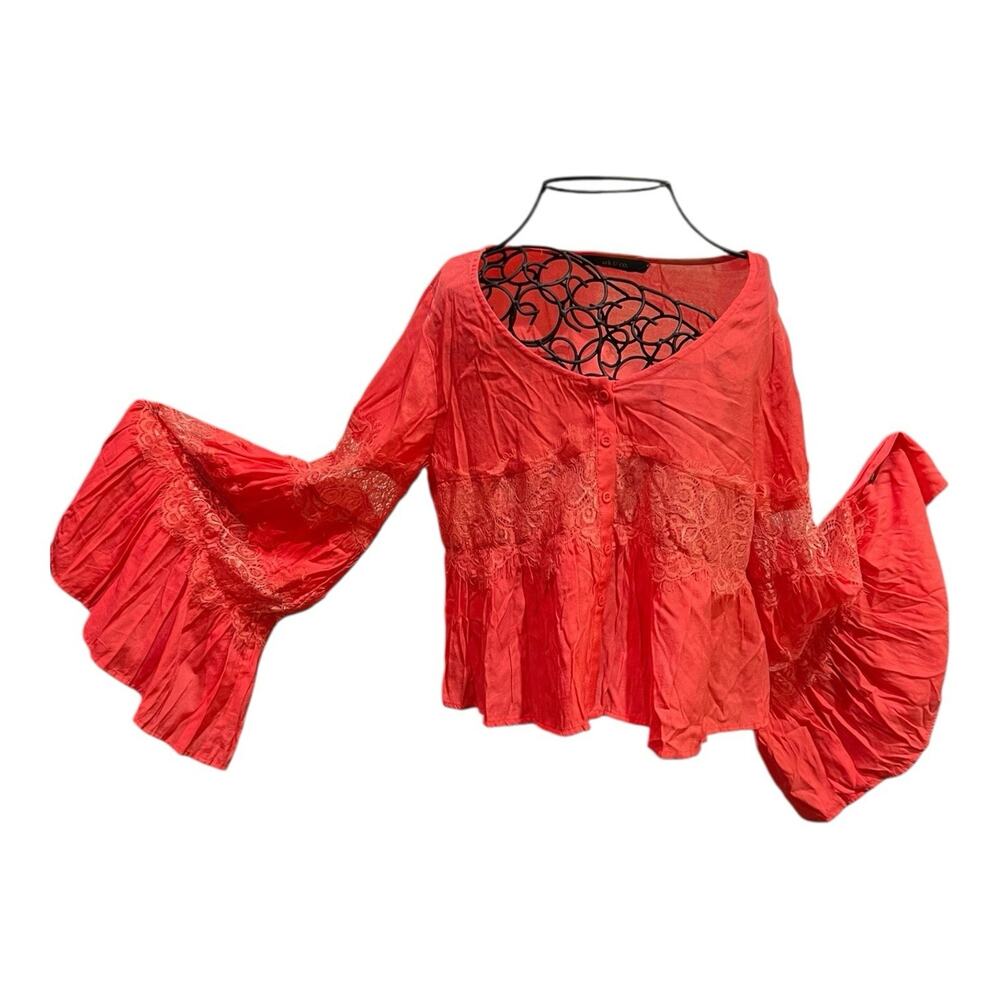 💥 Ark & Co. Crop Top Women’s Medium Coral Long Bell Sleeves, Lace Accents